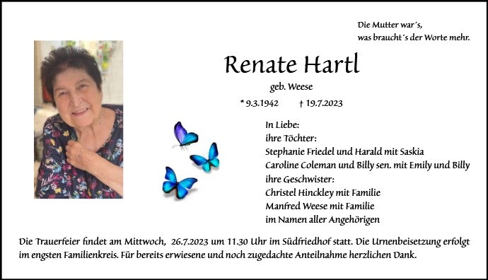 Erinnerungsbild für Renate Hartl
